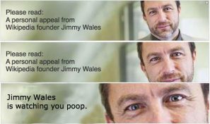 Wikipedia Donation Goal Reached. No more Jimmy Wales Constantly Watching Us.