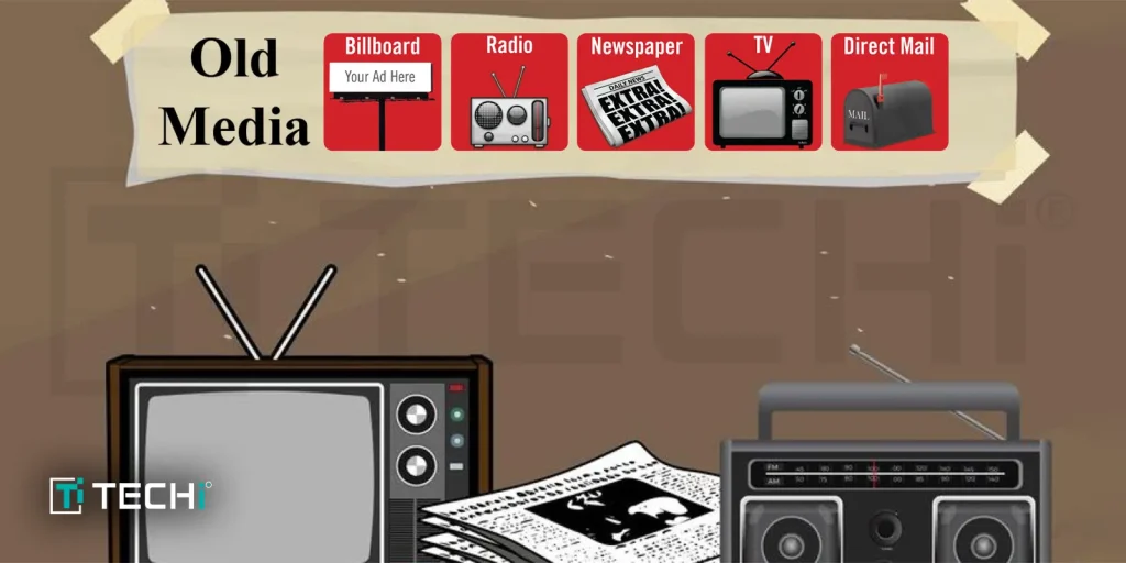 Illustration showcasing traditional media formats, including billboards, radio, newspapers, television, and direct mail, highlighting the shift from old media to digital.