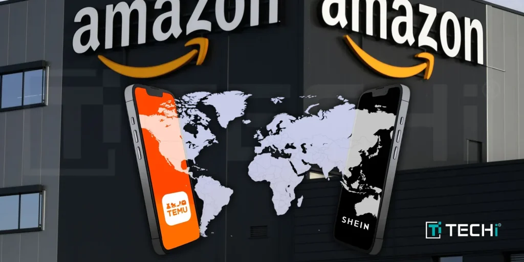 Amazon expands Haul to compete with Shein and Temu globally, featuring a world map and mobile shopping apps on a digital storefront.